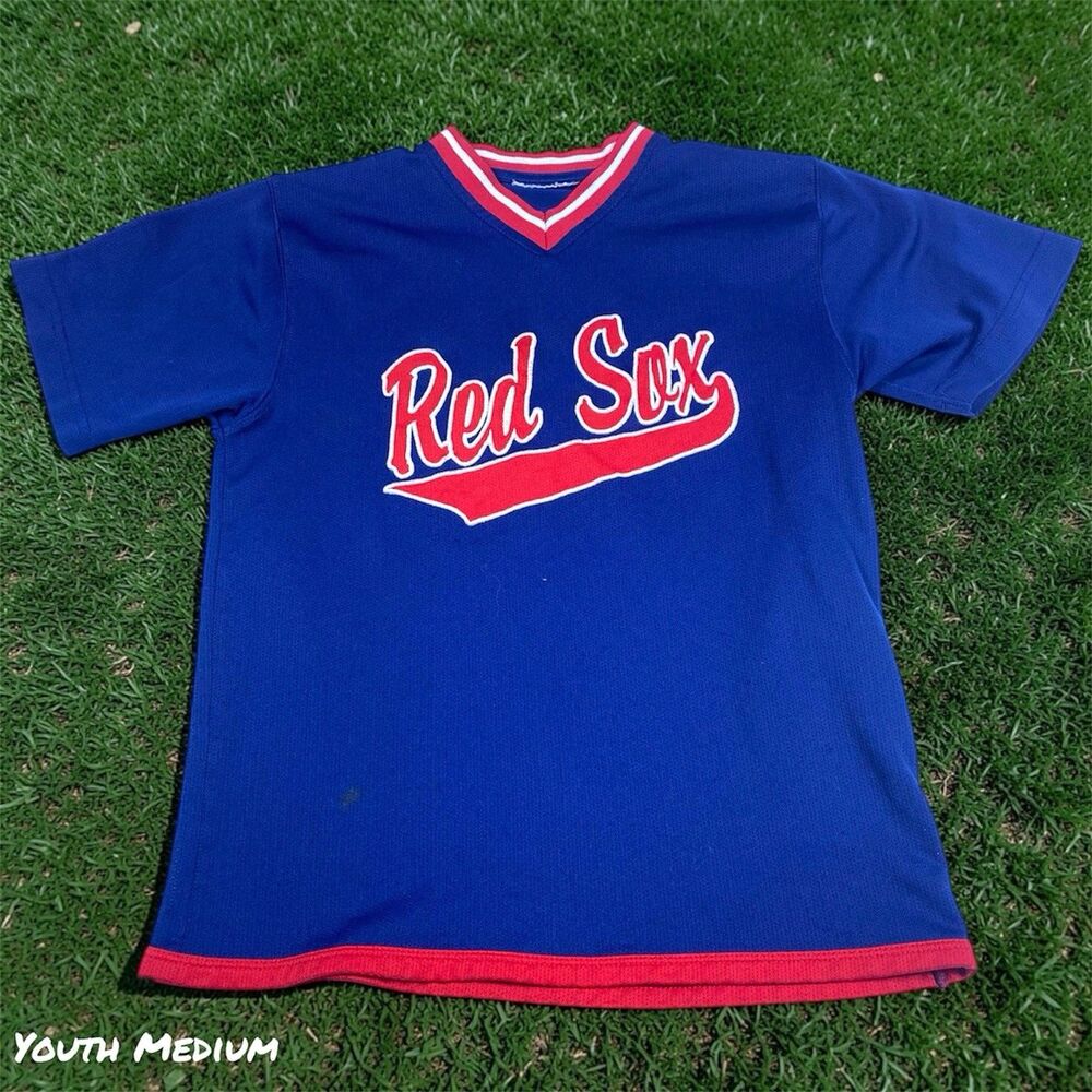 Vintage Boston Red Sox Baseball Jersey Youth MEDIUM Blue MLB Baseball ‎ V Neck